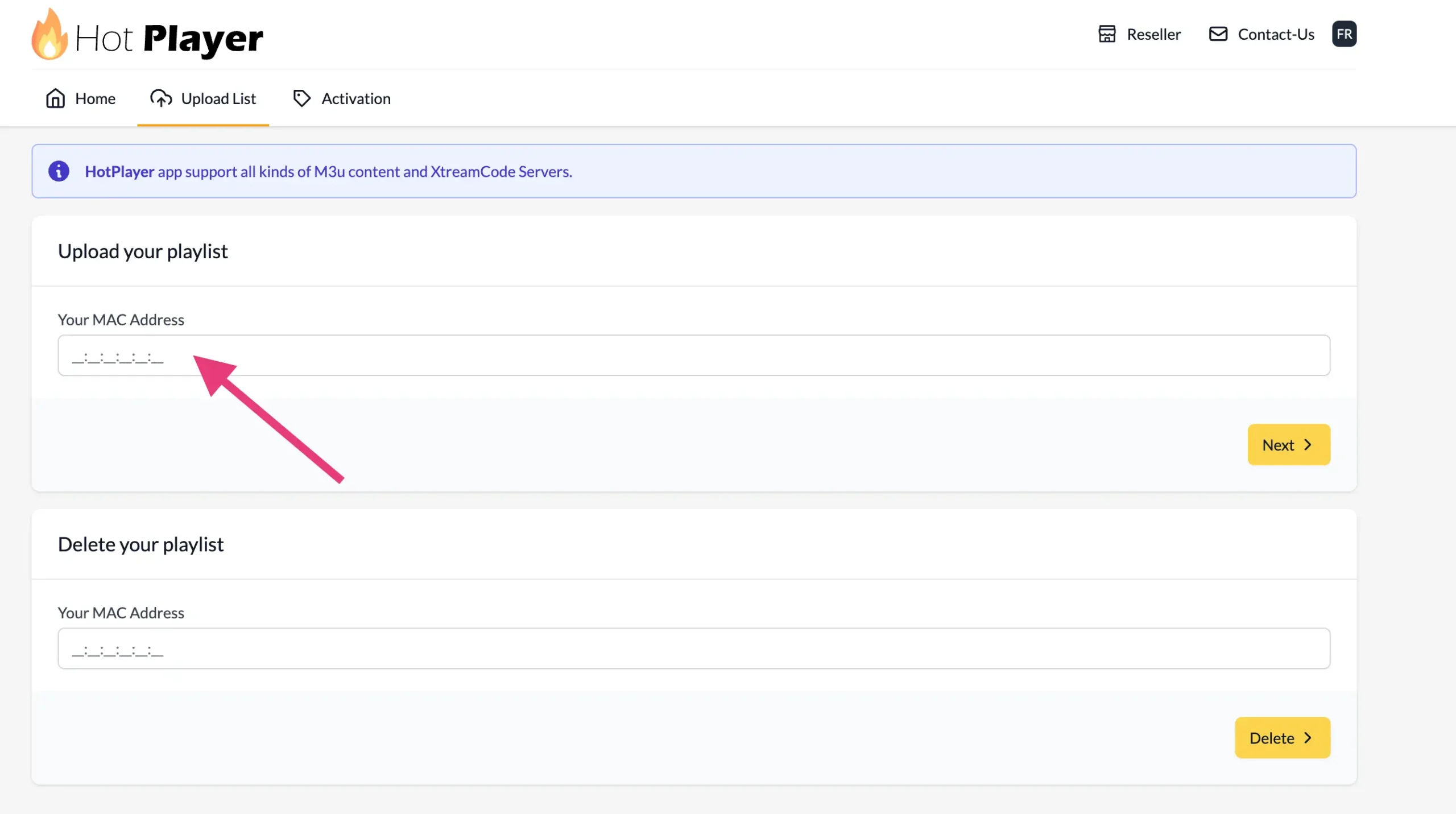 Saisie de l'adresse MAC sur HotPlayer
